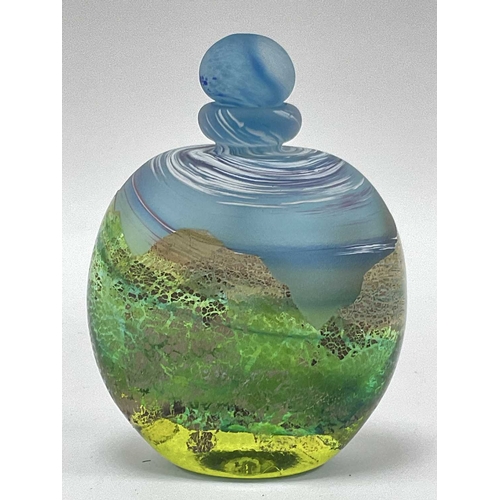 1219 - Greenhalgh Studio Glass Scent Bottle, in blue and green, featuring mountain landscape, signed under ... 