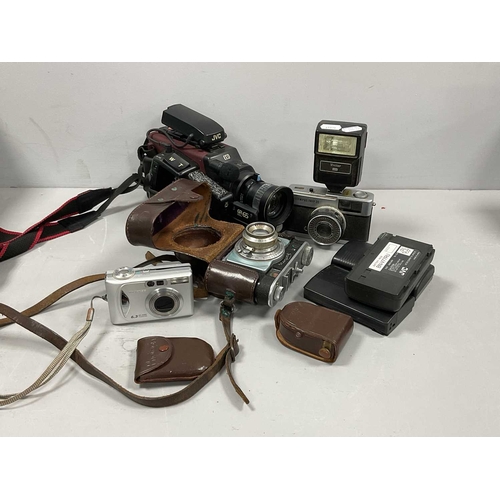 1115 - JVC Videomovie CCD Futura Camera, Halina View Finder, Olympus Superzoom 140s camera etc:- One Box.