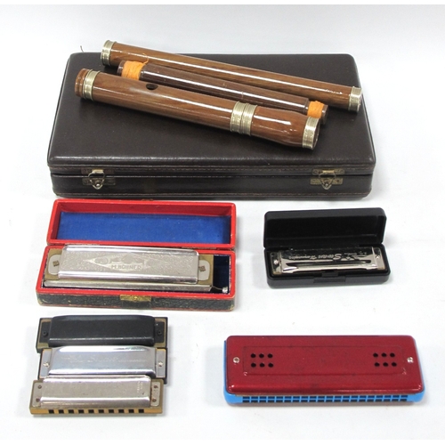 1373 - Harmonicas (Six) Including Hohner, The Bandmaster, Swan, three sectional wooden flutes? in case, (7)... 