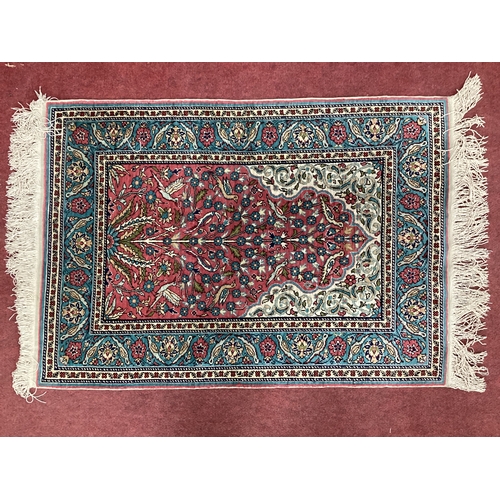 1570 - Silk Tassled Rug Featuring Doves in an Around Tree of Life on Pink Ground within pale blue border ap... 