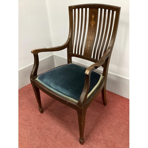 1574 - Edwardian Mahogany Armchair, with vase inlay to centre splat, rail back, tapering legs on spade feet... 