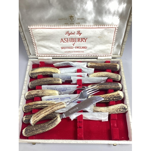 12 - Spear & Jackson; A Set of Six Stag Handled Steak Knives and Forks, in original fitted SJ box.