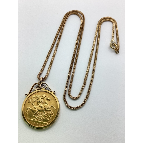 168 - Edward VII Sovereign, 1909, loose set within 9ct gold pendant mount, on a chain.