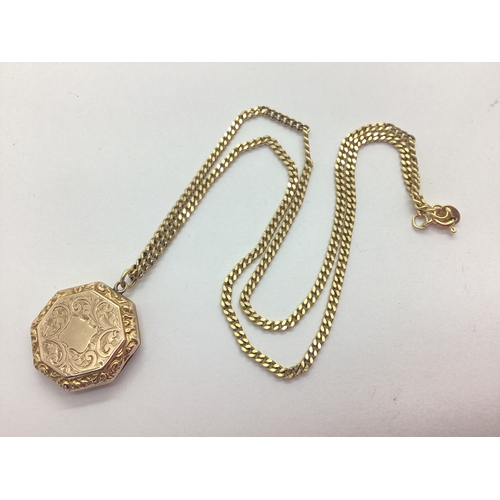 170 - A 9ct Gold Flat Curb Link Chain, suspending vintage octagonal locket pendant, allover leaf scroll en... 