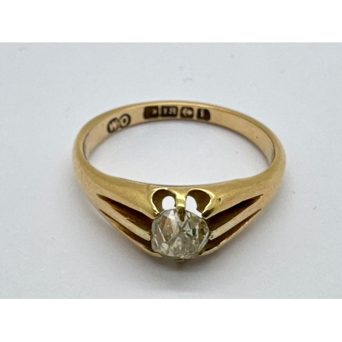 253 - An Antique 18ct Gold Single Stone Diamond Ring, the irregular old cut stone reeded claw set, Birming... 