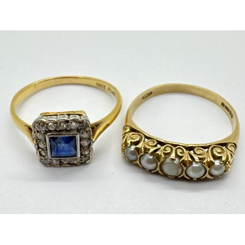 254 - A Dainty Sapphire and Diamond Square Cluster Ring, collet rubover set to the centre within border of... 