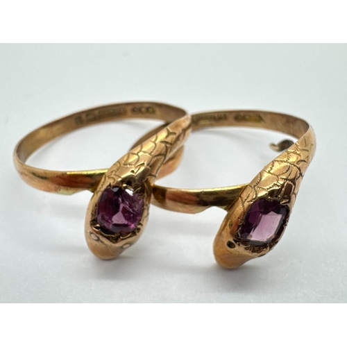 275 - Two Edwardian 9ct Rose Gold Single Stone Set Serpent Rings, W&C, Birmingham 1905 (one hallmark part ... 