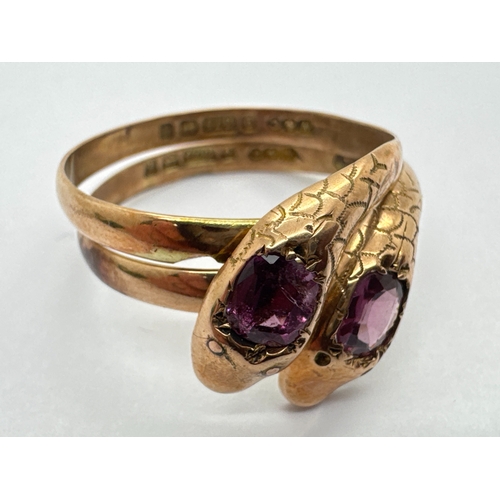 275 - Two Edwardian 9ct Rose Gold Single Stone Set Serpent Rings, W&C, Birmingham 1905 (one hallmark part ... 