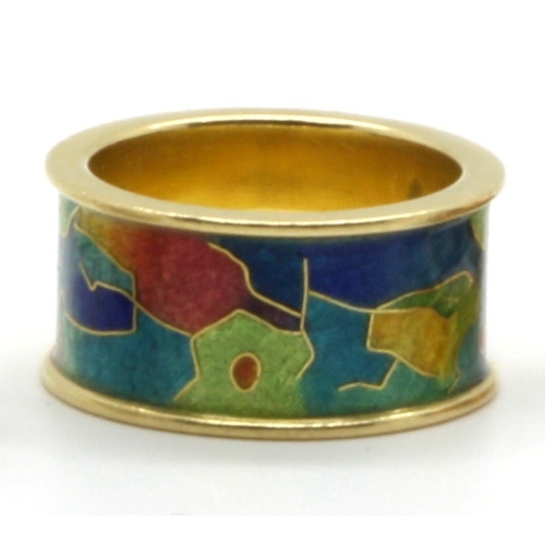 277 - Fred Rich Enamel Designs; A Modern 18ct Gold Abstract Enamel Ring, the wide band highlighted in oran... 