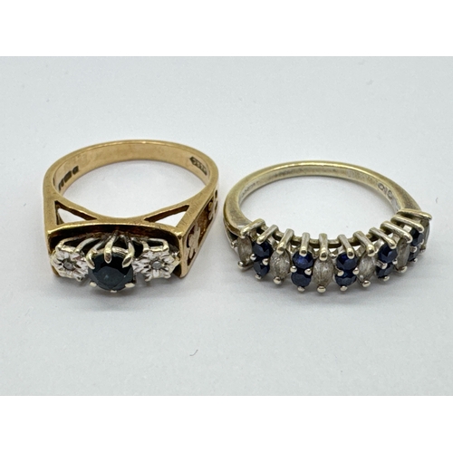 281 - A 9ct Gold Sapphire and Diamond Three Stone Ring, illusion and claw set, between wide pierced should... 