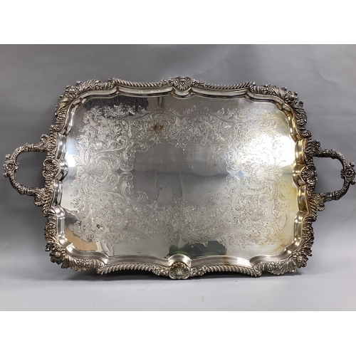 3 - A Large Silver Plated Barker Ellis Harrods Twin Handled Rectangular Tray, of allover engraved foliag... 