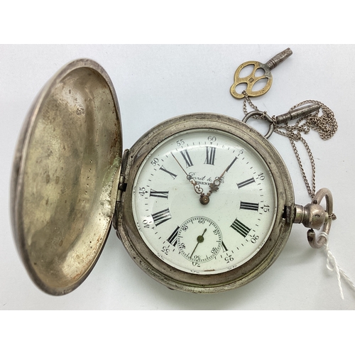 335 - Perret & Fils Brenets; A Hunter Cased Pocket Watch, the signed dial with black Arabic and Roman nume... 