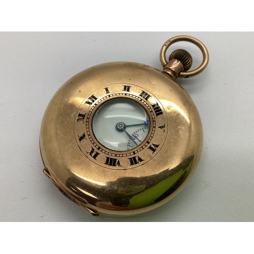 341 - Thos Russell & Son Liverpool; A 9ct Gold Half Hunter Cased Pocket Watch, the signed white enamel dia... 