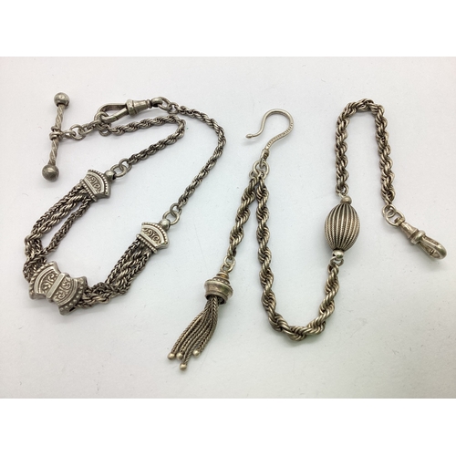 352 - An Antique Ropetwist Link Albertina Chain, suspening tassel adornment and button hook stamped 