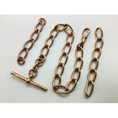 370 - A 9ct Gold Elongated Link Watch Chain, to swivel style clasp and suspending 9ct gold T-bar, with add... 