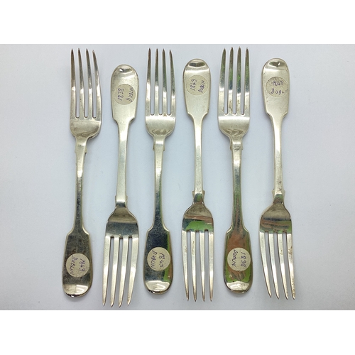 46 - A Matched Set of Six Hallmarked Silver Fiddle Pattern Table Forks, P.W, Dublin 1838, 1843, crested (... 