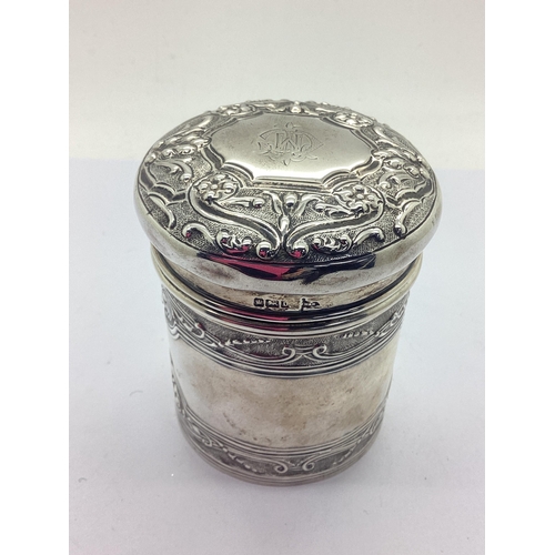 99 - An Edwardian Hallmarked Silver Tidy Jar, Walker & Hall, Sheffield 1906, of cylindrical form, allover... 