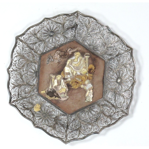 1127 - An Early XX Century Japanese Dish, of shaped hexagonal form, the centre inset in mother of pearl and... 