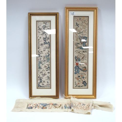 1143 - Three Early XX Century Chinese Silk Sleeve Panels, embroidered with figures, birds and insects in ga... 