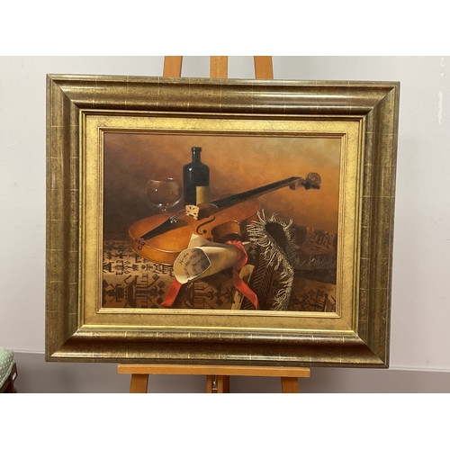 1153 - CRIN GALE (b.1947) *ARR 
Still Life with Violin, Wine Bottle and Glass, oil on canvas, signed lower ... 