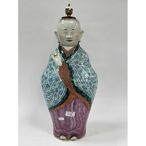 1133 - A Mid XX Century Chinese Pottery Lamp, modelled as a double sided boy in colourful robes with floral... 