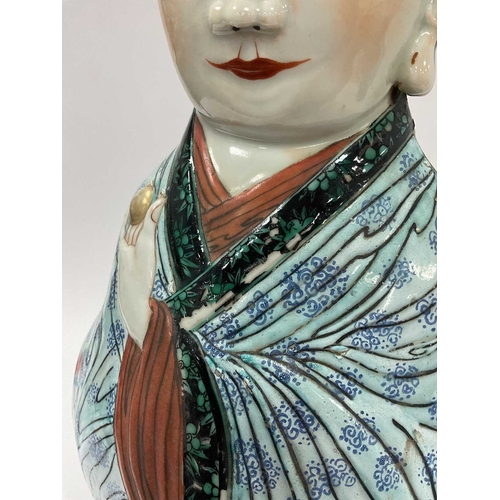 1133 - A Mid XX Century Chinese Pottery Lamp, modelled as a double sided boy in colourful robes with floral... 