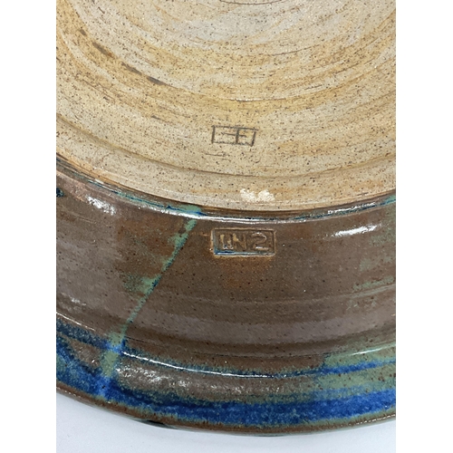 1160 - Studio Pottery: A Large Bowl With Various Blue And Brown Colour Tones, With A Black Zig Zag Pattern ... 