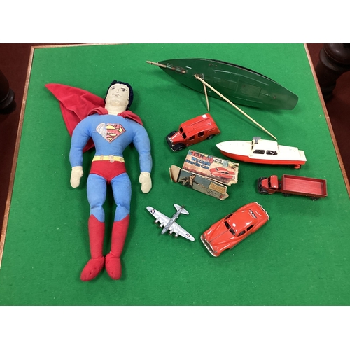 608 - A Quantity of Mid XX Century Toys, including a Triang tinplate yacht, Dinky Toys, Minic fire engine ... 