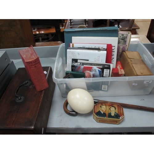 1065 - Royalty Memorabilia, ostrich egg, Mincer, Stapler, etc:- One Box plus a silver mounted cane and XIX ... 