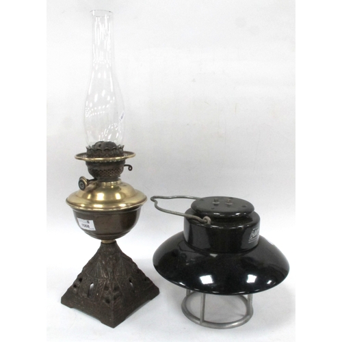 1068 - A Victorian Oil Lamp, cast iron base impressed with a summerhouse design plus a mid-1900s hanging ga... 
