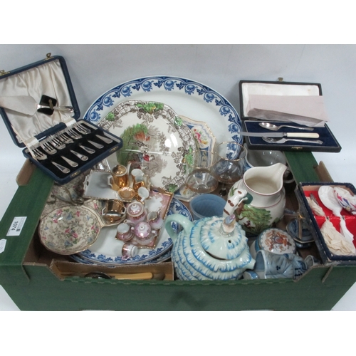 1074 - Blue/ White Meat Plate, Wedgwood jug, plated cutlery, miniature tea-service:- One Box.