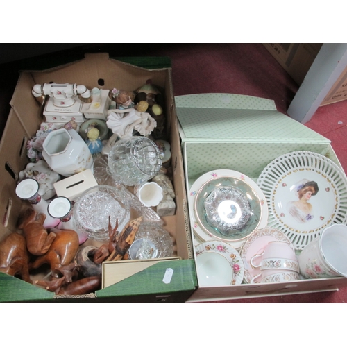 1090 - China and Wooden Ornaments, cut glassware, clock, continental pierced china bowl, other pottery:- Tw... 