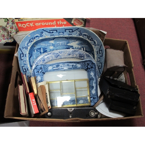 1092 - Three Blue & White Meat Plates, cameras, records, magazines, display, etc:- One Box.