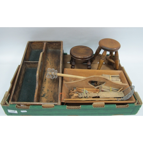 1101 - Miniature Elm Boston Stool, two other similar stools, XIX Century pine kitchen cutlery tray, clothes... 