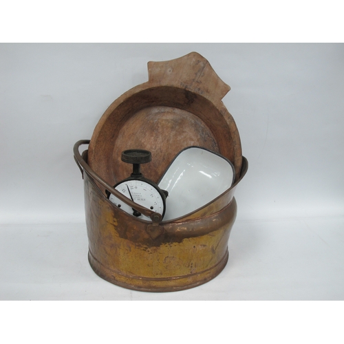 1115 - Salter's Family Scales with Enamelled Dial. Large copper log bucket. Two carved wooden shallow dough... 