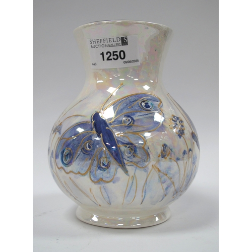 1250 - Anita Harris Blue and White Lustre Dragonfly Trojan Vase 14cm high gold signed.