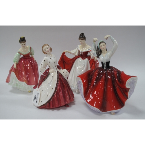 1257 - Royal Doulton Figures 'Sara', Karen', 'Fair Lady' (red) and 'The Ermine Coat' (4).