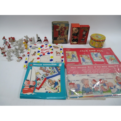 1260 - Mabel Lucie Attwell, Days Of The Week Hankies, Snow Babies, tin plate money box, Mickey Mouse toilet... 