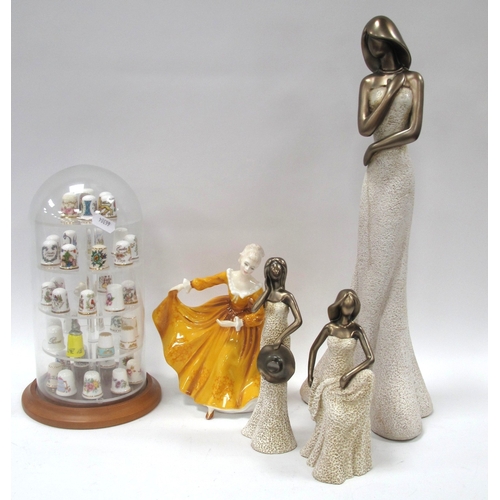1272 - Three Bronzed Resin Figures of Elegant Ladies, the tallest 44cm high, a Royal Doulton figurine 'Kirs... 