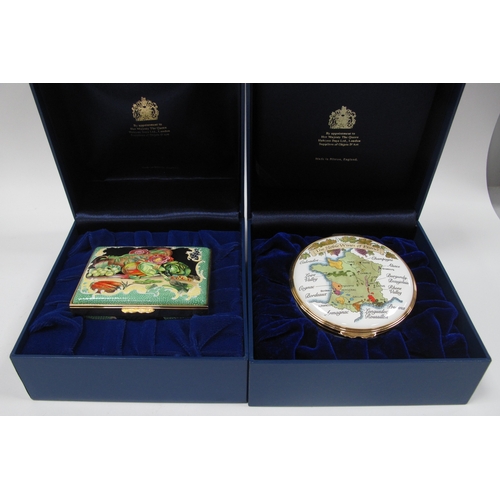 1276 - Halcyon Days V & A Vegetables Enamelled Rectangular Box, 8.5cm wide and 'The Noble Wines of France' ... 