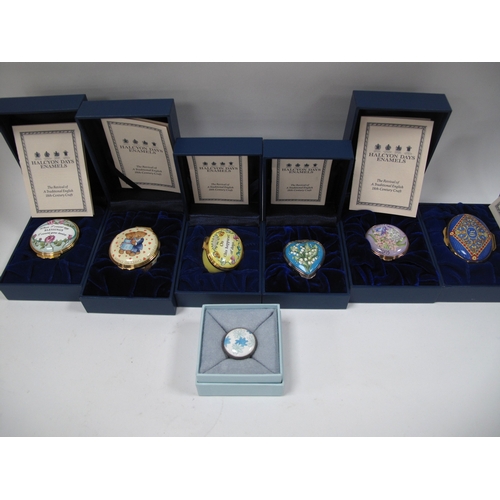 1277 - Halycon Days Enamelled Trinket Boxes, '30' 5.5cm wide, On This Happiest of Days, both oval, four cir... 