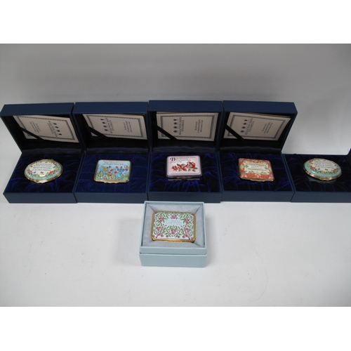 1278 - Halcyon Days Enamelled Trinket Boxes, with verse/fable/sayings to lids, four rectangular and two ova... 