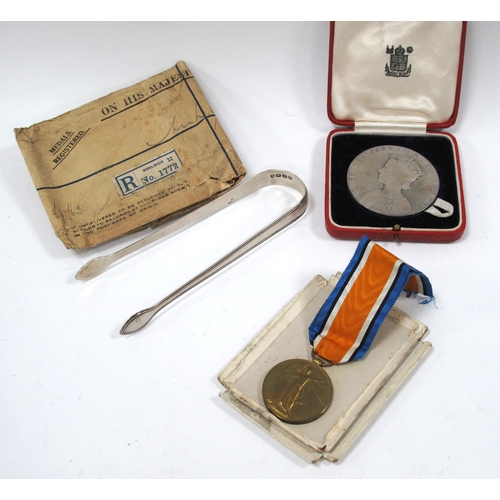 1286 - WW1 Victory Medal, Pte W.H. Robinson A.S.C. 1937, Coronation Medal, silver hallmarked sugar nips.