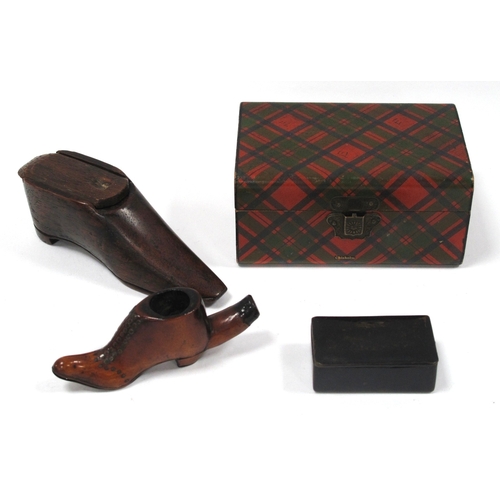 1291 - Tartan Ware Chisholm Box, 10cm wide. Lacquered snuff box, boot bowled smokers' pipe and boot vesta b... 