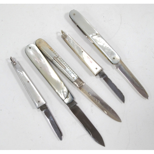 1298 - Penknives: mother of pearl handled two-blade knife with a 1914 silver blade hallmarked Sheffield, an... 