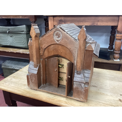 1481 - Table Top Model of a Church, with arched doors and two internal drawers, 59cm wide.