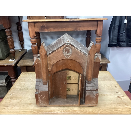 1481 - Table Top Model of a Church, with arched doors and two internal drawers, 59cm wide.