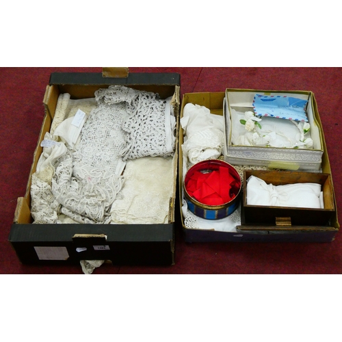 1483 - A Piece of Needlepoint Lace, crochet work and machine lace trim in various widths and lengths, a whi... 