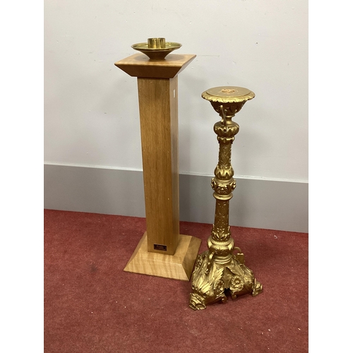 1494 - A XIX Century Gilt Candlestick, with foliate decoration, 70cm high; together with a later oak floor ... 