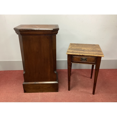 1495 - A Pine Pedestal, with chamfered sides, 62cm wide; together with a pine side table with single drawer... 